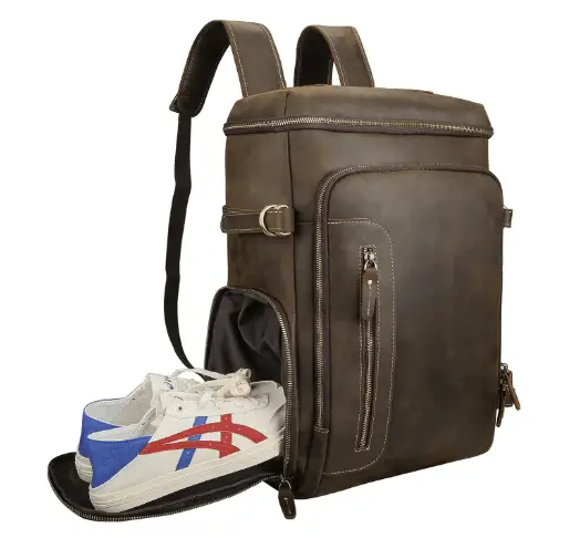 Leather backpack for carrying shoes while traveling