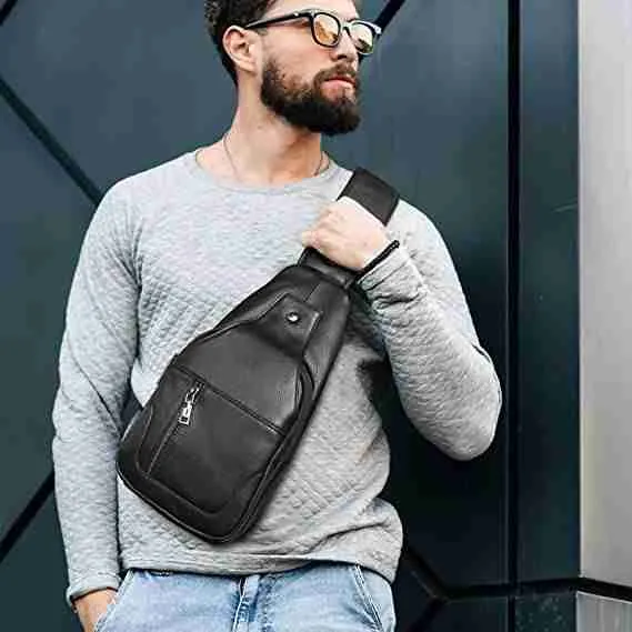 Leather waterproof sling shoulder crossbody bag for men