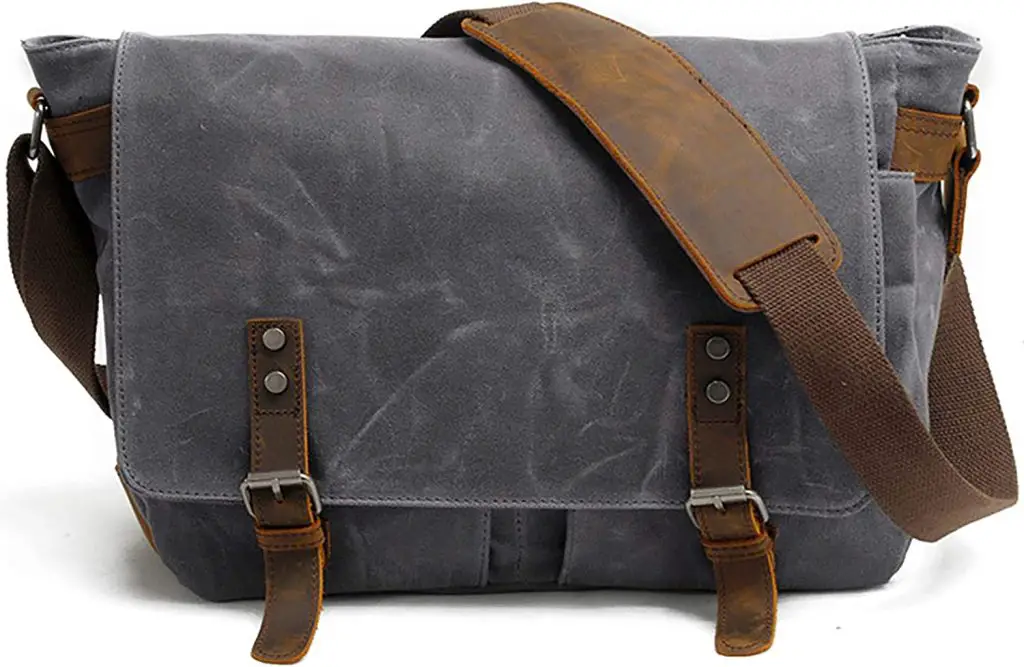 Dark grey men waxed canvas messenger crossbody shoulder bag