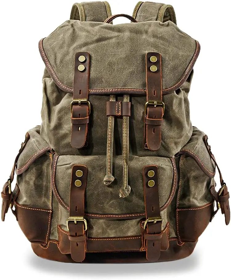 vintage casual hiking waxed and leather canvas backpack